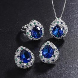 Necklace Earrings Set SoJewelry European And American Simulation Tanzanian Sapphire Water Drop Shaped Colour Matching Ring Earring Pendant 10