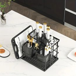 1pc Kitchen Knife Holder, Wall Mounted/Table Top Luxury Style Multi-Functional Kitchen Tool Holder With Cutlery Chopsticks Holder And Cutting Board Rack