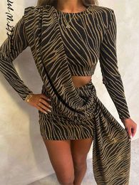 Sexy Printed Striped Holow Out Dress Women O neck Long Sleeve High Waits Slim Mini Dresses Fashion Female Evening Party Vestidos