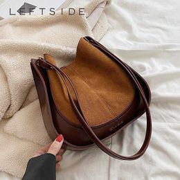 Evening Bags LEFTSIDE Vintage Bucket Bags for Women Nubuck Leather Shoulder Bag New In 2023 Winter Trend Fashion Handbags Small J230420