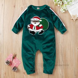 INS Infant green velvet rompers baby Santa Claus patch embroidery jumpsuits Xmas newborn boys girls stripe long sleeve climb clothes Z5503