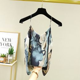 Camisoles Tanks Blue Oil Painting Spaghetti Strap Tank Top Women Silk Satin Summer Vintage Halter Vest Bottom Outside Wear Sleeveless Lingerie 230421