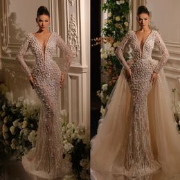 Sexy Deep V Neck Mermaid Wedding Dress Full Sleeve Pearls Arabic Beading Sequined Trumpet Bridal Gowns Robe De Soiree