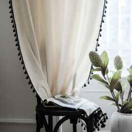 Curtain White Simple With Black Tassel Finished Plain Drapes Fabric Window Curtains For Bedroom Home Coffee Shop Decoration