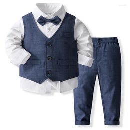 Clothing Sets 4Piece 2024 Spring Boys Outfit Set Fashion Gentleman Plaid Cotton Tops Vest Pants Tie Kids Clothes Baby Boutique BC1538