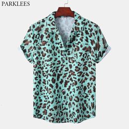 Men's Casual Shirts Sexy Leopard Print Mens Hawaiian Summer Short Seleeve Quick Dry Beach Men Holiday Aloha Rock Party 230421