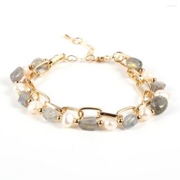 Strand Irregular Natural Stone Beads Labradorite Bracelets Double Layers Copper Chain Freshwater Pearls Bangles