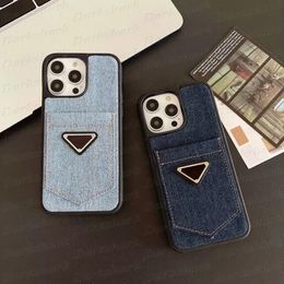 Fashion Jeans Triangle Designer Phone Case for iPhone 15 14 13 12 Pro Max Cloth Back Shell Card Pocket Cover Full Protection iPhone14pro