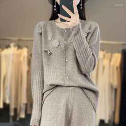 Women's Knits Tailor Sheep O- Neck 100 Pure Wool Cardigan Hooked Flower Sweater Loose Knitted Versatile Full Sleeve