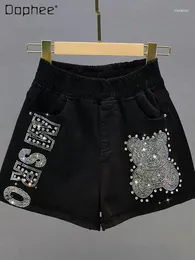 Women's Jeans Black Denim Shorts Women 'S Thin Summer Elastic High Waist Loose And Slimming Diamond-Embedded Pants For Girls Wide-Leg