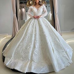 Luxury Ball Gown Wedding Dresses Long Sleeves V Neck Sequins Applique Pearls Ruffles Bridal Gowns Diamonds Pearls Formal Dress Plus Size Custom Made Vestido de novia