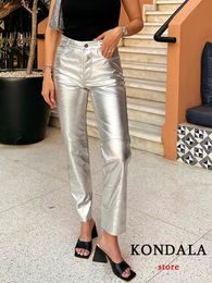 Women's Jeans KONDALA Streetwear Silver PU Pants Women High Waist Pockets Straight Trousers Fashion Y2K Girl Pants Shiny Female Trousers 231121