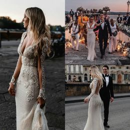 Bohemian Beach Lace Mermaid Wedding Dresses With Sheer Long Sleeves Deep V Neck Sexy Boho Bridal Gowns Summer Vestido De Novia 2023