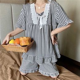 Women's Sleepwear Large Size 5XL 150kg Summer Sleepwear Suit Plaid Print Women Pajamas Sets Short Sleeve Top and Shorts Female Sweet Sleepwear Set 230421