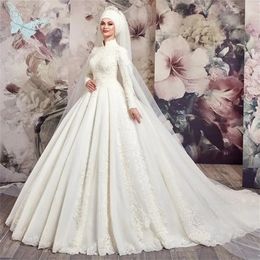 High Neck White Bridal Gowns Puffy Long Sleeves Wedding Dresses Ruched Beading Vestidos de Novia Custom Made