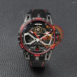 Wristwatches DBEX0784 Tourbillon Automatic Mens Watch DLC All Black Red Skeleton Dial Leather Rubber Puretime 2023