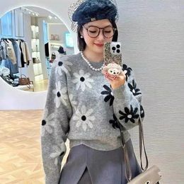 Women's Sweaters Korean Women Sweater Daisy Jacquard O-Neck Long Sleeve Vintage Woollen Knitted Pullover Autumn Winter Female Loose Knitwear