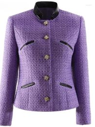 Women's Jackets 2023 Fashion Designer Autumn Winter Tweed Outwear Women Stand Neck Single-breasted Long Sleeve Slim Purple Coat