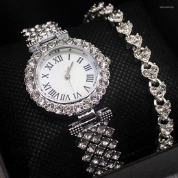 Wristwatches Premium Elegant Gold Silver Alloy Quartz Diamonds Scale Watch Bracelet Two Piece Set Luxury Jewellery Accessories