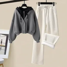 Women's Two Piece Pants Patchwork Set For Women Hooded Sweatshirt Wide Leg Pant Sets Korean Outfit Fashion Tracksuit 2023 Long Sleeve Suit