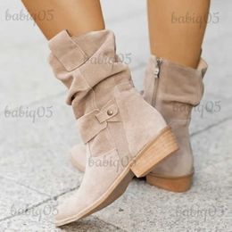 Boots 2023 Women Ankle Boots Winter Western Cowboy Boots Low Heels Suede Boots Metal Buckle Side Zip Big Size Short Booties Lady Shoes T231121
