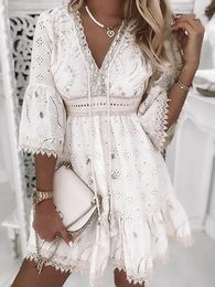 Basic Casual Dresses White Lace Dress Women v Neck Up Female Patchwork Three Quarter Sleeve Vacation Beach Ladies A-line Party