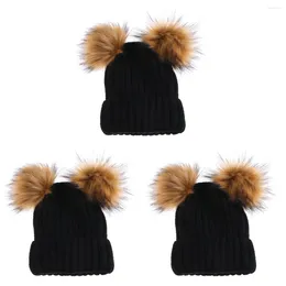 Berets 3pcs Knit Beanie Hat With Double Pom Ears For Women Girls (Black)