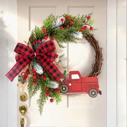 Decorative Flowers Christmas Door Hanging Decor Wreath Garland Wooden Car Red Berry Ornament Merry Decoration Home Year Gift 2024
