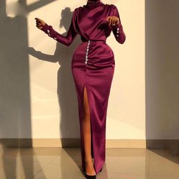 Casual Dresses Satin Maxi Party Women Sexy Split Ladies Elegnt Long Sleeve Turtleneck Bodycon 2023 Night Clubwear