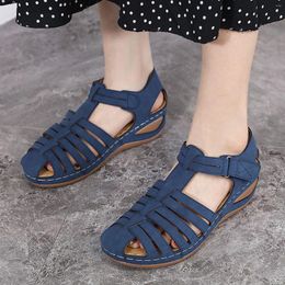 Sandals Women Fashion Solid Hollow Hook Loop Casual Round Toe Wedges Comfortable Beach Shoes Slipper Fuzzy Strap