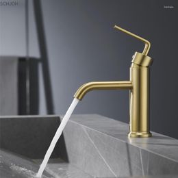 Bathroom Sink Faucets Brushed Gold Brass Faucet One Hole Handle Basin Mixer Tap Good Quality Copper Cold Water