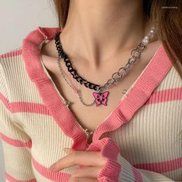 Pendant Necklaces Stainless Steel Necklace Girl Women Outstanding Black Chain Pink Butterfly Clip Clavicle Sweater Art Accessories