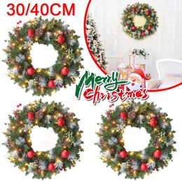 Decorative Flowers 30/40cm Christmas Wreath For Door With LED Lights Glowing Artificial Pinecone Berry Navidad Decorations 2024