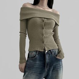 Women's Blouses Women Long Sleeve Front Button Knitwear Off Shoulder Knitted Cropped Tops Ribbed Crop Top Female Slim Skinny Stretch Tees