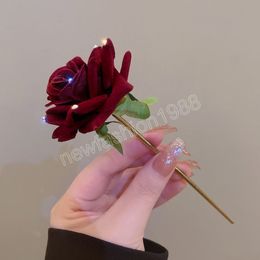 Red Rose Flower Hair Sticks Hairwear for Women Elegant Wedding Rhinestones Hairpins Simplicity Hair Accessories Headdress Gifts