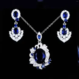 Necklace Earrings Set Boutique Jewelry Silver Plated Royal Suitable For Women's Water Drop Gem Aquamarine Pendant Earring