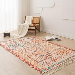 Carpets Handwoven Cotton Linen Carpet Retro Bohemian Style Square Bedside Geometric Floor Mat Living Room Home Decoration Rugs