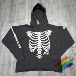 Men's Hoodies Sweatshirts 2023fw Washed SAINT MICHAEL Hoodie For Men Women Black Skeleton Rib Cracking Print Pullover Sweatshirts T231121