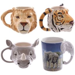 Mugs 350mL 3D Animal Mug Rhino Tiger Lion Head Ceramic Drinkware Personalised Coffee Novelty Gifts 231120