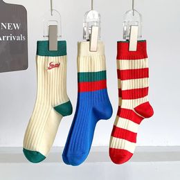 Socks Hosiery Cotton Womens Long Medium Tube Korean White Breathable Leisure Girls Embroidery Male Sock Spring Summer Stripe Woman Cute 231120