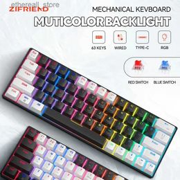 Keyboards ZIFRIEND Mechanical Keyboard 63 Keys Wired Gaming Keyboards Type-C Hot Swappable Mini Mechanical Keyboards For Pc Red Switches Q231121
