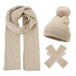 Hats Scarves Sets Fashion Winter Women Solid Colour Hat Scarf Gloves 3pcs Set Women Faux Fur Ball Cap Outdoor Female Plush Wool Hat 231121