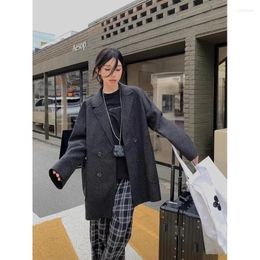 Women's Suits Black Grey Woollen Suit Jacket Small Women Autumn And Winter 2023 Notched Loose Mid-length Double-breasted Office Lady Blazer