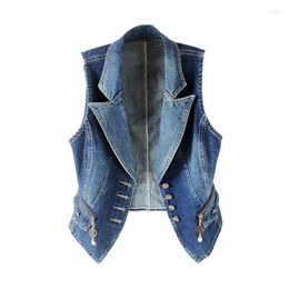 Women's Vests Deep Blue Sleeveless Denim V Woman Autumn Suit Collar Gilet Casual Short Jackets Femme Slim Waistcoat Jean Women