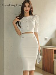 Work Dresses Elegant Casual Two-piece Set For Women 2023 Summer Single Breasted Short Blouses High Waist Pencil Skirt Fashion Suit 1B200