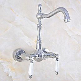 Kitchen Faucets Washbasin Faucet Chrome Brass Double Hnadle Dual Hole Wall Mount Taps Swivel Spout Bathroom Sink Mixer Tap 2nf563