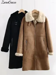 Women's Fur Suede Long Coat Women 2023 Autumn Winter Thicken Warm Lapel Pocket Zipper Jackets Female Casual Coats Streetwear