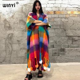 Women's Wool Blends WINYI Winter Plaid Colour cloak High Quality poncho Long Loose OverCoat Thick Warm Female coat for women Hanging ball cardigan 231120