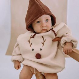 Rompers Christmas Costume Winter Infant Baby Boys Girls Jumpsuit Cartoon Printing Plush Thicken Bodysuits Year Clothing 231120
