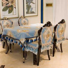 Table Cloth Blue Silk Jacquard Embroidered Lace Tablecloth Non-slip Chair Cover Wedding Party Advanced European Brussels Decor